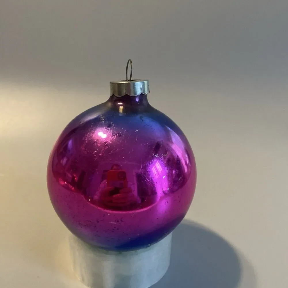 Vintage Christmas Ombre Glass Ornament Hand Made In USA 8.25” Blue Pink Fade